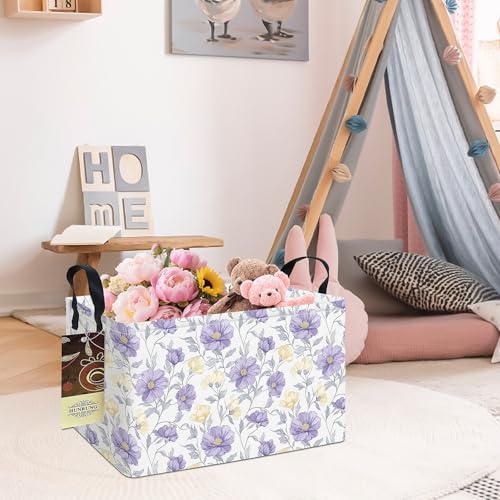 Rectangle Foldable Storage Basket Handles For Home, Purple Flowers - color: REC-Purple Flowers
