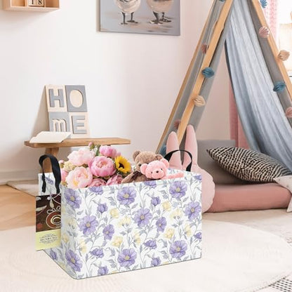 Rectangle Foldable Storage Basket Handles For Home, Purple Flowers - color: REC-Purple Flowers