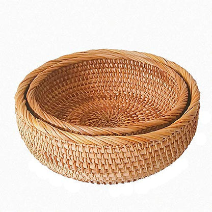 Set of 2 Round Rattan Bowl Baskets, 8 9 Inch Handmade Wicker Basket Tray with 3”Deep Wall, Decorative Woven Brown Bread Basket Fruit Bowl Table Key Holder, 2-Size - size: 2-Size Kit (Includes 8" & 9")
