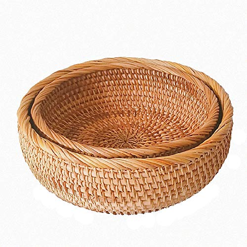 Set of 2 Round Rattan Bowl Baskets, 8 9 Inch Handmade Wicker Basket Tray with 3”Deep Wall, Decorative Woven Brown Bread Basket Fruit Bowl Table Key Holder, 2-Size - size: 2-Size Kit (Includes 8" & 9")