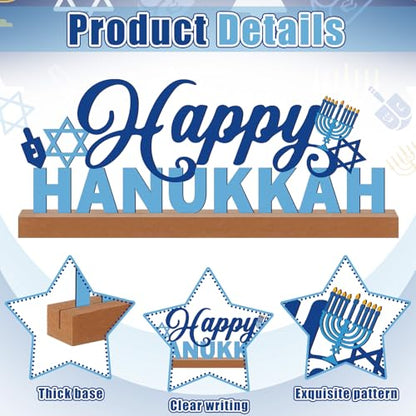 Yaocom 13.78 Inch Happy Hanukkah Table Decoration Happy Hanukkah Metal Letter Sign Star of David Freestanding Tabletop Centerpiece with Wooden Base Cutout Word Sign for Home Mantel Shelf Fireplace - style: Hanukkah