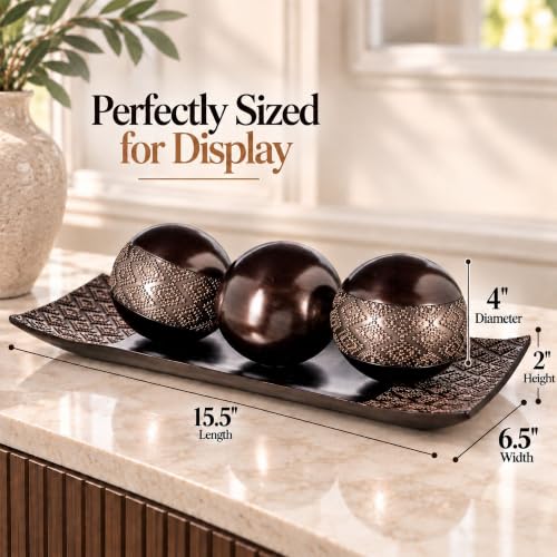 Creative Scents Dublin Brown Decorative Tray and Orbs Set - Coffee Table Decor Centerpiece for Living Room, Dining Table, Entryway - 3 Decorative Balls with 15.5 Inch Tray, Gift Boxed Home Decor - color: Brown