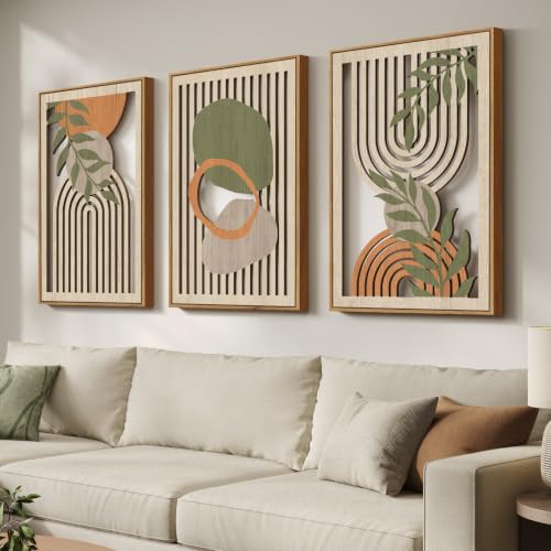 Framed Boho 3D Cutout Carved Wood Wall Art Decor for Living Room, 24x36 In - color: Green Beige