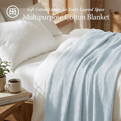 Threadmill Luxury 100% Cotton King Herringbone Blanket, Light Blue - color: Light Blue, size: King (106" x 92")
