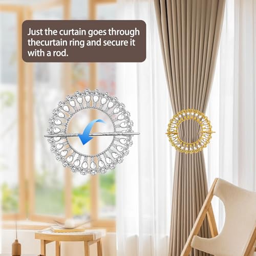 2 Pack Shiny Curtain Tiebacks Luxury Curtain Holdbacks Plastic Curtain Clips Buckle Drapery Holdbacks Crystal Drapery Tiebacks for Window Decoration, with Fixing Rod (26 Crystals, Gold) (Silver)