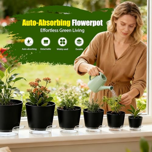 Plant Pots 4/5/5.5/6/6.5/7/8 Inch Self Watering Pots, 7 Pack Plastic Planters with Drainage Holes and Clear Saucers,Plastic Flower Pots,Nursery Planting Pot for Indoor Out Door Plants(Black) - color: Black, size: 4/5/5.5/6/6.5/7/8 inch