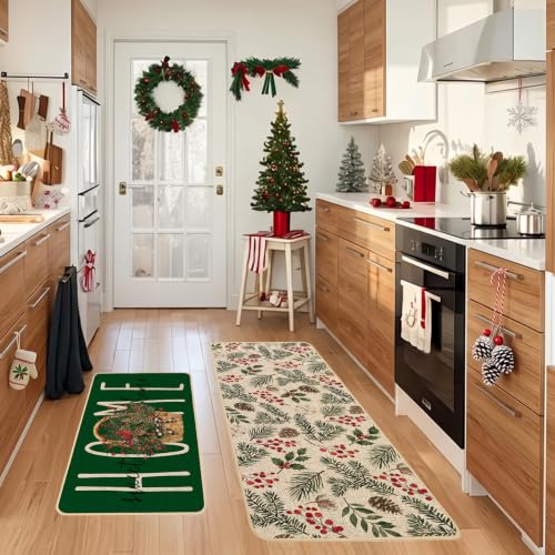 Baccessor Green Christmas Kitchen Rugs Winter Set of 2 17x29 and 17x47 Inch - color: Green Home Sweet Home
