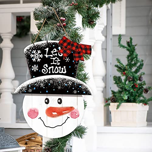 Whaline Large Christmas Snowman Wooden Hanging Sign Winter Welcome Door Sign with Buffalo Plaid Bow Snowman Wood Front Door Hanger for Home Indoor Outdoor Farmhouse Wall Window Decor - style: Classic