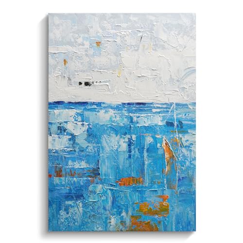 Modern Abstract Blue Textured Oil Painting Canvas Wall Art for Living Room - color: Blue White, size: 24"L x 36"W