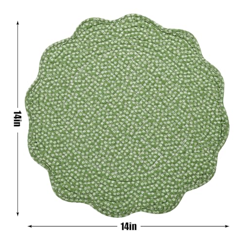 HOMBYS Quilted Placemats Set of 4 Washable Round Placemats for Kitchen Table-100% Cotton Fabric Round Table Mats, (Green with White Flower) - color: Green With White Flower