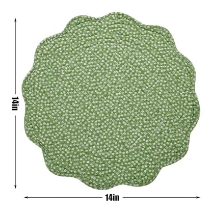 HOMBYS Quilted Placemats Set of 4 Washable Round Placemats for Kitchen Table-100% Cotton Fabric Round Table Mats, (Green with White Flower) - color: Green With White Flower