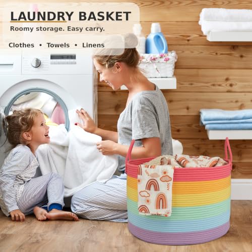 XUANGUO 66L Large Blanket Basket, Round Cotton Rope Basket, Rainbow - color: rainbow