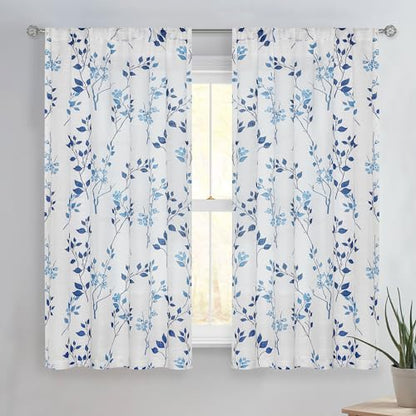 Beauoop Floral Linen Semi Sheer Curtains Living Room Blue Grey 50x63 2 Set - color: Rod Pocket | Blue and Grey, size: 50"W x 63"L (Pack of 2)