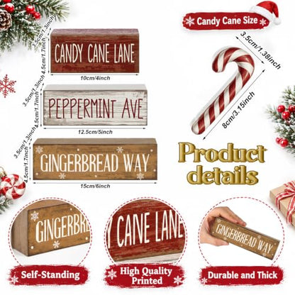 Moucuny 4 Pcs Christmas Table Decor Candy Cane Lane Sign, Wood Block Set - style: Candy Cane Lane