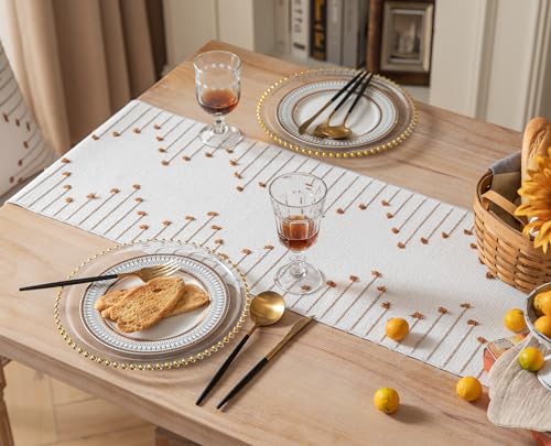 Caflife Brown Beige Cotton Linen Rustic Boho Table Runner 13 x 90 Inch Long - color: Brown Beige, size: 13x90Inch