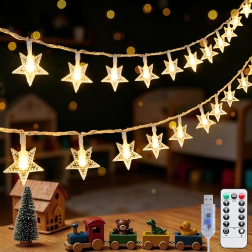 JMEXSUSS 100 LED Star String Lights USB Plug in, 33Ft Fairy Lights | Remote, Waterproof Hanging String Lights Indoor for Bedroom Tent Loft Bed Classroom Dorm Decor, Warm White - color: Warm White, size: 100 LED