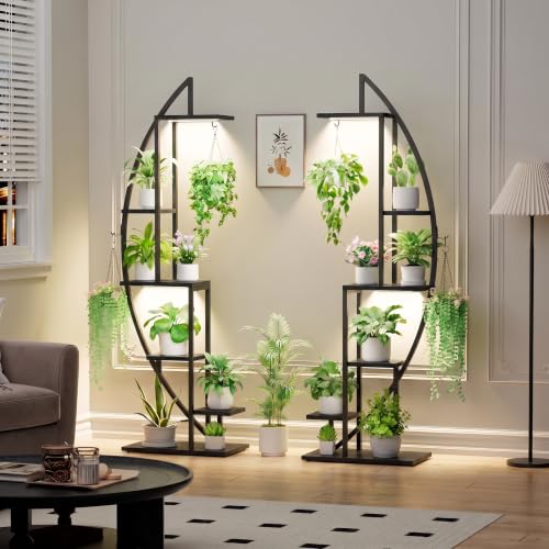 BACEKOLL Plant Stand with Grow Light, 2 Pack Tall Indoor Plant Shelf 6 Tier - color: Black + Black
