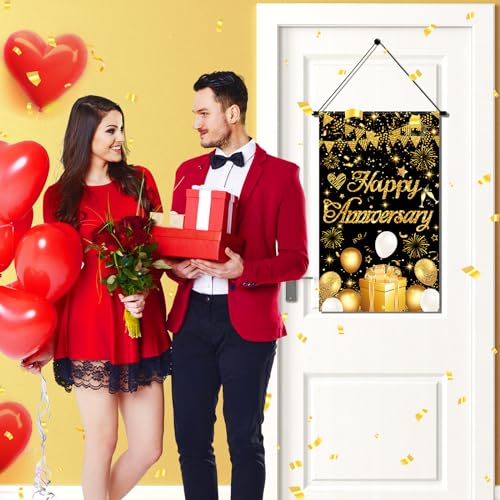 Anniversary Party Decorations Black Gold Happy Anniversary Door Banner Sign Small Wedding Anniversary Door Hanging Banner Porch Front Door Decor for Men Women Anniversary Cruise Door Sign Supplies - color: Black Gold Anniversary