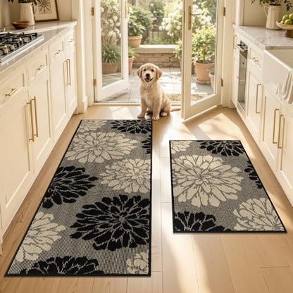 Findosom Kitchen Rugs Sets of 2, Floral Washable Kitchen Runner Rug, Black - color: Black/Beige, size: 24" x 36" + 24" x 71"