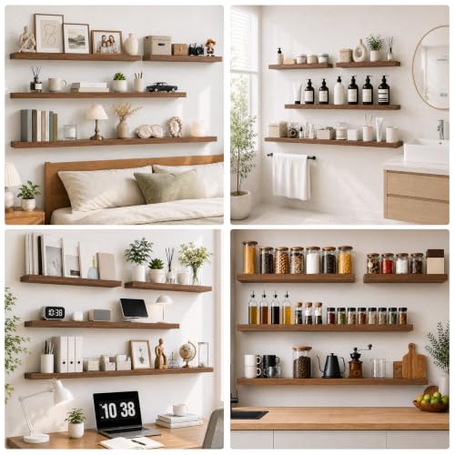 RICHER HOUSE 55Inch Long Floating Shelves, 12" Deep Wood Wall Shelf, Walnut - color: Walnut, size: 55in