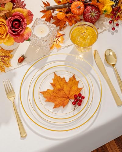 bUCLA 150Pcs Clear Gold Plastic Dinnerware Set - Clear and Gold Disposable Plates Include 25 Dinner / 25 Dessert Plates,25 Knives,25 Forks,25 Spoons,25 Cups for Party - color: Clear Gold