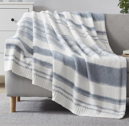 WRENSONGE Soft Twin Blanket for Bed-Cozy Warm Reversible Knitted Blankets - color: Blue Striped, size: Twin(60"x80")