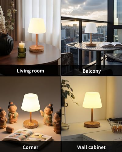 PUSU Cordless LED Wood-Grain Small Table Lamp, Waterproof Shower Desk lamp - color: Wood-grain (Metal + PE Plastic)