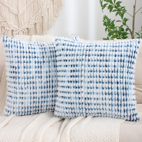 LUOYEHK Boho Throw Pillow Covers 20x20 Inch Set of 2 Chenille Tufted Pillowcase Farmhouse Neutral Cushion Covers for Couch Sofa Bed Living Room, Blue White - color: Blue White, size: 20" x 20" (Pack of 2)