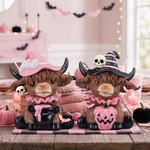 Karenhi 2 Pcs Pink Halloween Cow Figurines Resin Statues Tabletop Desk - style: Pink Ghost