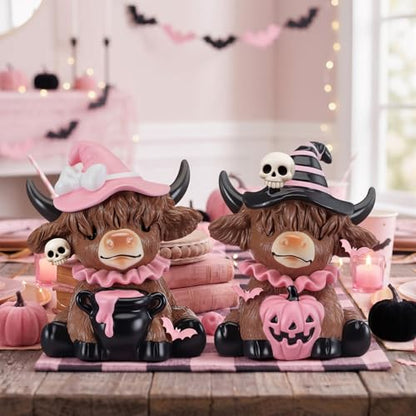 Karenhi 2 Pcs Pink Halloween Cow Figurines Resin Statues Tabletop Desk - style: Pink Ghost