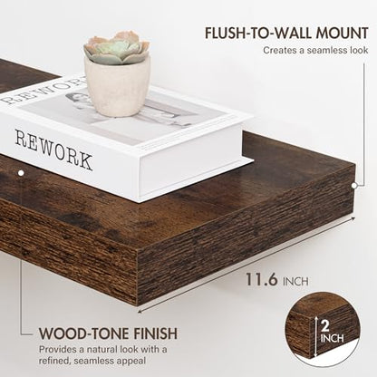 Acovy 40 Inch Floating Shelves, 12" Deep Floating Shelf Wall Mounted, 40" Wall Shelves, Rustic Deep Bookshelf, Extra Deeper & Thicker Display Shelves for Bedroom, Living Room, Brown, Set of 2 - color: Brown, size: 12"Wx40"L-2pcs