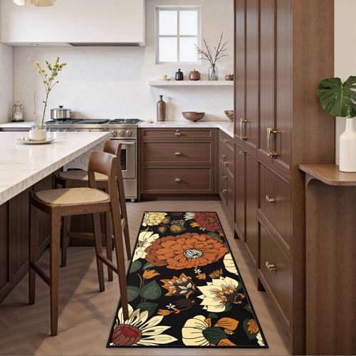 Tyrot Black Boho Floral 2x6 Runner Rug, Washable Mid Century Modern Style - color: Warm Ember, size: 2' x 6' (Runner)
