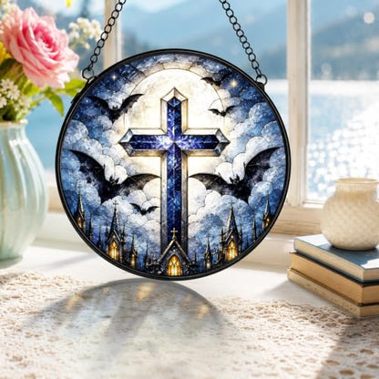 Gothic Cross Bat Moon Stained Glass Window Hanging Decor 575XT-BLGH - color: Crucifix-12