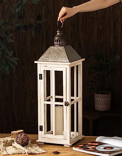 TIMRIS Large Rustic Wooden Decorative Lantern Set of 2, Modern Farmhouse Distressed Whitewash Floor Candle Lanterns, Indoor/Outdoor Hanging Lanterns for Home Decor (No Glass) - color: Whitewash