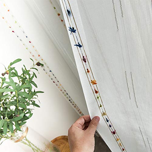 pureaqu Boho Striped Sheer Curtains Pompom Semi Sheer Drape 1PC W39 x L63