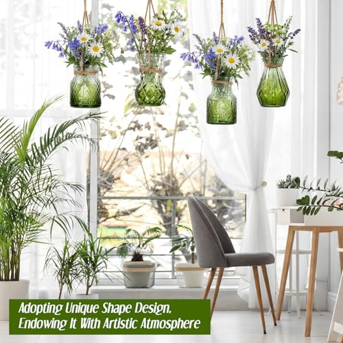 Wonderjune 4 Pcs Stained Glass Hanging Vases Hanging Glass Planters Small Plant Terrarium Pot Containers with Rope for Garden Home Indoor Outdoor Decor, 4 Styles (Trendy) - style: Trendy