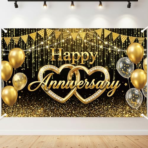 Happy Anniversary Black Gold Backdrop - Elegant Black and Gold Balloons Photography Background Poster for Wedding Anniversary Party Decorations Cake Table Banner 71x43 Inch