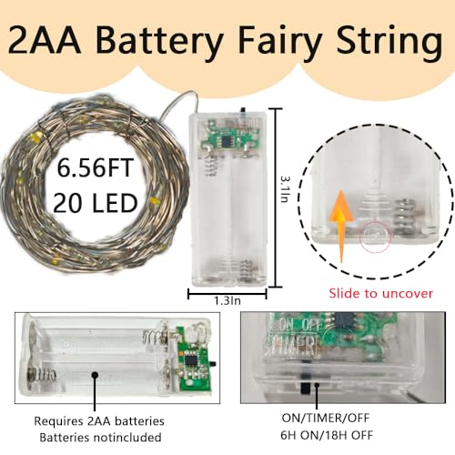 4 Pack Fairy String Lights,6.56FT 20LED,2AA Battery Operated,Timer Founction,Copper Wire String Lights, IP65 Waterproof,Indoor/Outdoor flexible for DIY ,Party, Bedroom, flowers decoration(Warm White) - size: 4PACK-2AA Battery -6.56FT/20LED-Warm white