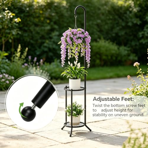 2-Tier Plant Stand With Hanging Hook, Metal Standing Plant Hanger, Black - color: Black