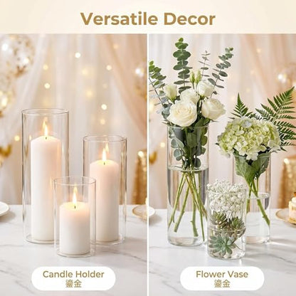 Hurricane Candle Holders, Clear Glass Cylinder Centerpieces Vases, Pillar Candle Sleeves for Wedding, Table Decoration Centerpiece Floral Room Home, Dining Room Decor 3 Pieces