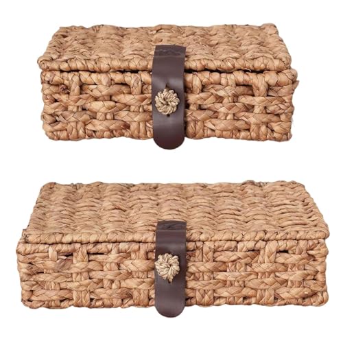 Wicker Storage Basket with Lid, 2-Piece Set Decorative Box with Lid, Water Hyacinth Woven Decorative Box for Shelf, Coffee Table, Console Table, Home Decor