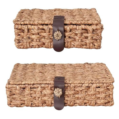 Wicker Storage Basket with Lid, 2-Piece Set Decorative Box with Lid, Water Hyacinth Woven Decorative Box for Shelf, Coffee Table, Console Table, Home Decor