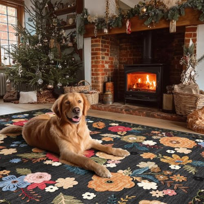 4x6 Washable Small Bedroom Rug: Living Room Area Rugs Non Slip Throw Carpet - color: Black Floral, size: 4' x 6' (Rectangular)