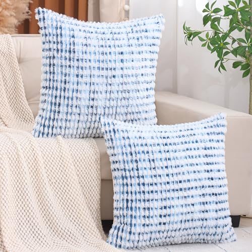 LUOYEHK Boho Throw Pillow Covers 22x22 Inch Set of 2 Chenille Tufted Pillowcase Farmhouse Neutral Cushion Covers for Couch Sofa Bed Living Room, Blue White - color: Blue White, size: 22" x 22" (Pack of 2)
