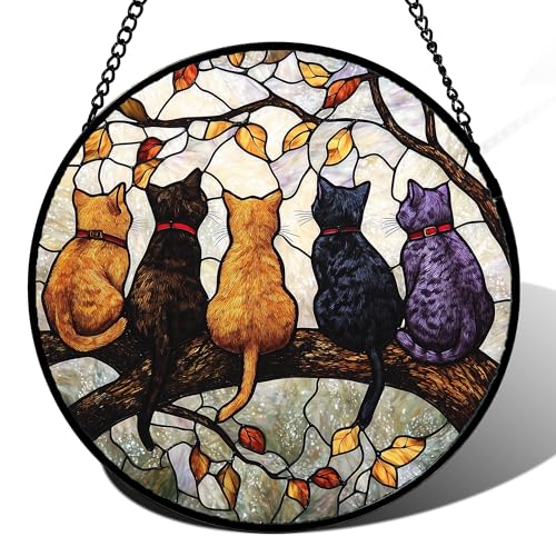 5 Cats on a Branch Stained Glass Window Hanging Suncatcher Gifts 15" - color: Black, size: 14.9x14.9 IN