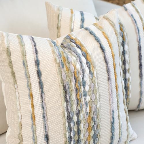 Aeckself Boho Pillow Covers 18x18 Inch Set of 2, Farmhouse Decorative Striped Square Chenille Tufted Accent Neutral Throw Pillow Covers for Living Room Couch Bed, Gray Blue - color: Gray Blue