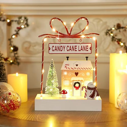 Christmas Tabletop Decoration, Wooden Lighted Decorations, Battery Operated Christmas Indoor Table Decorations (Candy Cane Lane & Giftbox) - style: Candy Cane Lane & Gift Box