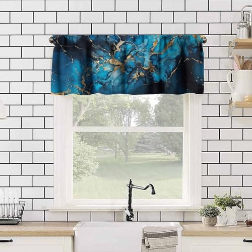 Dark Blue Marble Valance, Luxury Abstract Navy Blue Black Golden Marble Texture Print Blackout Valance Curtain for Kitchen Cafe Bedroom Living Room, 54x18inch - color: Marble-10