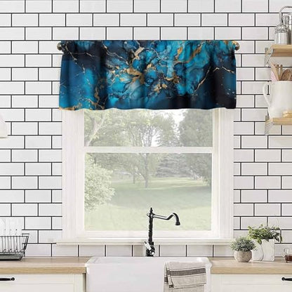 Dark Blue Marble Valance, Luxury Abstract Navy Blue Black Golden Marble Texture Print Blackout Valance Curtain for Kitchen Cafe Bedroom Living Room, 54x18inch - color: Marble-10