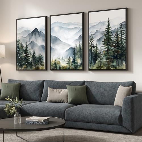 Large Framed Landscape Wall Art for Living Room, Mountain Print, 24x36 Inch - color: Green Blue White, size: 24" W x 36" H x 3Pcs